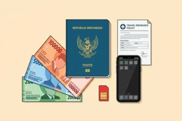 Composición logística con pasaporte, billetes de rupias indonesias, tarjeta SIM y póliza de seguro médico para viajar a Sulawesi.