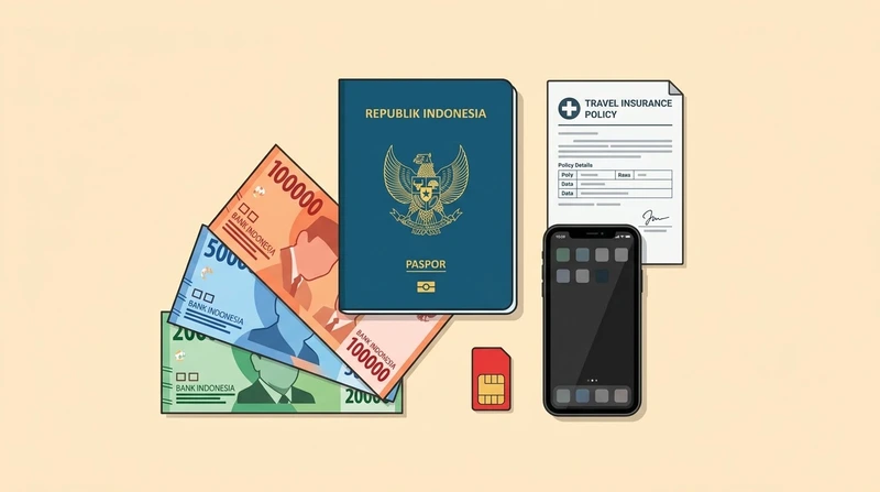 Composición logística con pasaporte, billetes de rupias indonesias, tarjeta SIM y póliza de seguro médico para viajar a Sulawesi.