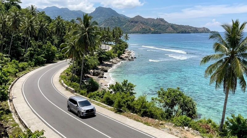 traslado privado circulando por una sinuosa carretera costera junto al mar turquesa y palmeras en Sulawesi.