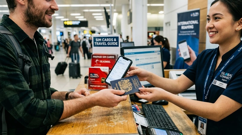 Viajero registrando el IMEI del teléfono y comprando una tarjeta SIM local en el mostrador del aeropuerto de Sulawesi para evitar colas.