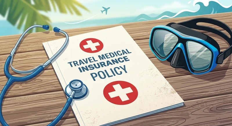 Póliza de seguro médico internacional de viaje junto a unas gafas de snorkel y un fonendoscopio sobre un escritorio.