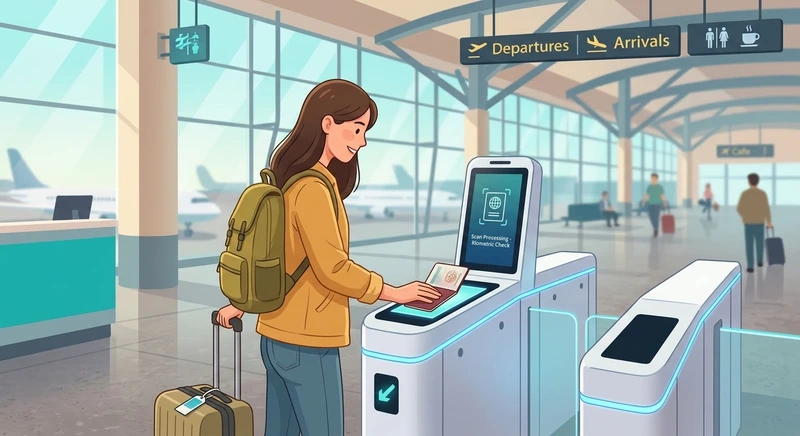 Pasajera escaneando su pasaporte en los tornos biométricos Autogate del aeropuerto internacional en Indonesia.