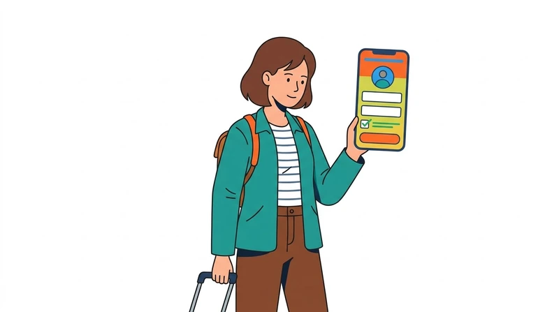 Viajera completando el formulario digital de aduanas y gestionando la conectividad eSIM desde su teléfono móvil.