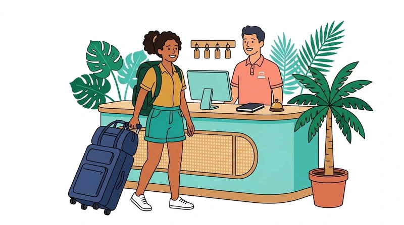 Viajera realizando el check-in con su equipaje en la recepción de un hotel de tránsito en Makassar.