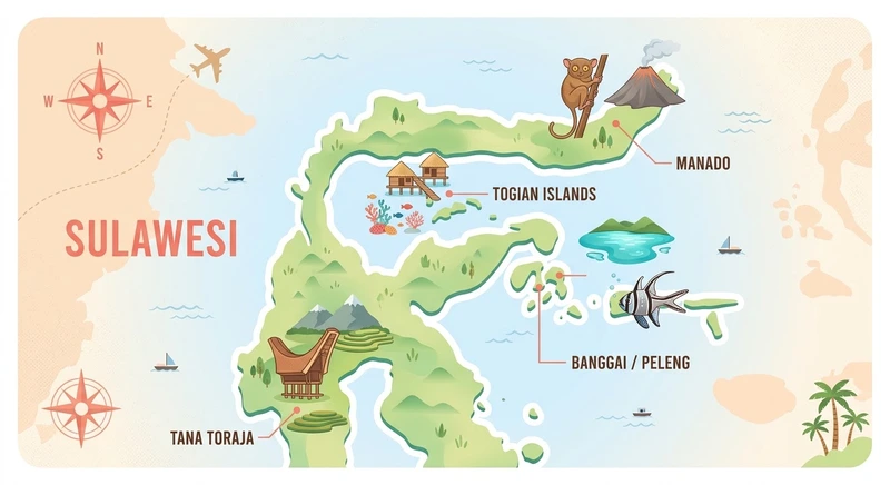 Mapa ilustrado de la isla de Sulawesi destacando sus regiones principales para el ecoturismo: Tana Toraja, el archipiélago de Banggai, las Islas Togian y Manado.