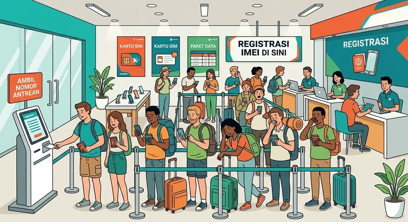 Ilustración de viajeros esperando en la cola de una tienda GraPARI para registrar el IMEI y comprar una SIM en Indonesia.