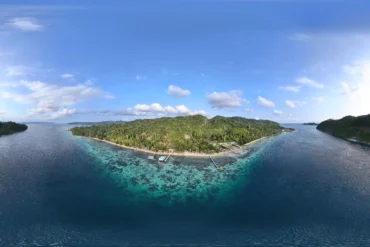 Vista aérea de Playa Bortola en las Islas Banggai, Indonesia, con extensos arrecifes de coral que son el hábitat natural del pez cardenal.