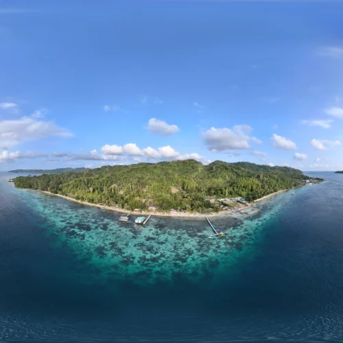 Vista aérea de Playa Bortola en las Islas Banggai, Indonesia, con extensos arrecifes de coral que son el hábitat natural del pez cardenal.