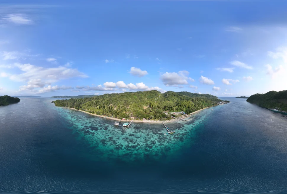 Vista aérea de Playa Bortola en las Islas Banggai, Indonesia, con extensos arrecifes de coral que son el hábitat natural del pez cardenal.