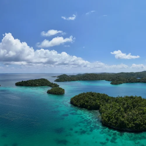 Vista aérea con dron del archipiélago de Mbuang-Mbuang e islotes en Banggai Laut