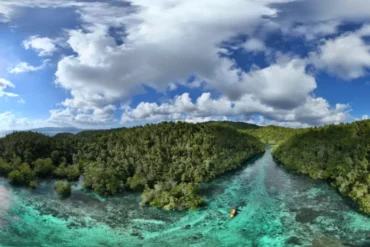 Vista aérea con dron del canal marino de manglares de Liang Tadul en Mbuang-Mbuang, Banggai Laut