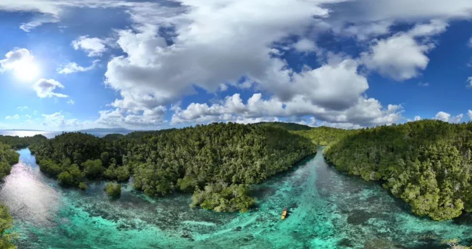 Vista aérea con dron del canal marino de manglares de Liang Tadul en Mbuang-Mbuang, Banggai Laut