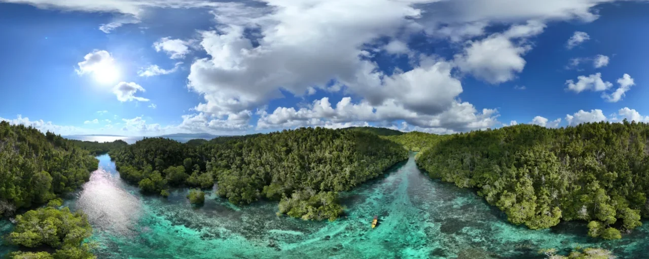Vista aérea con dron del canal marino de manglares de Liang Tadul en Mbuang-Mbuang, Banggai Laut