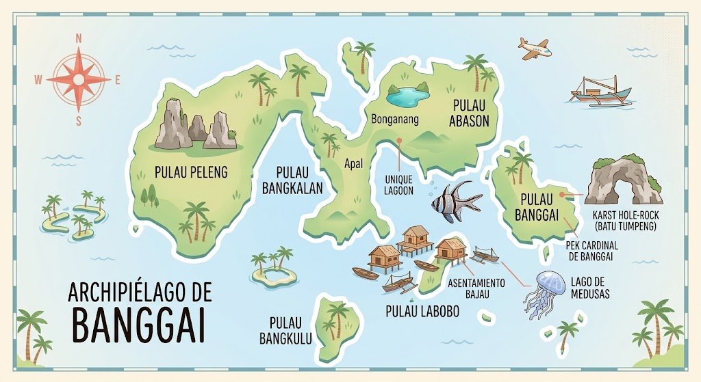 Mapa turístico del archipiélago de Banggai y la isla de Peleng marcando las rutas logísticas para llegar al lago Paisu Pok en expedición de turismo lento.