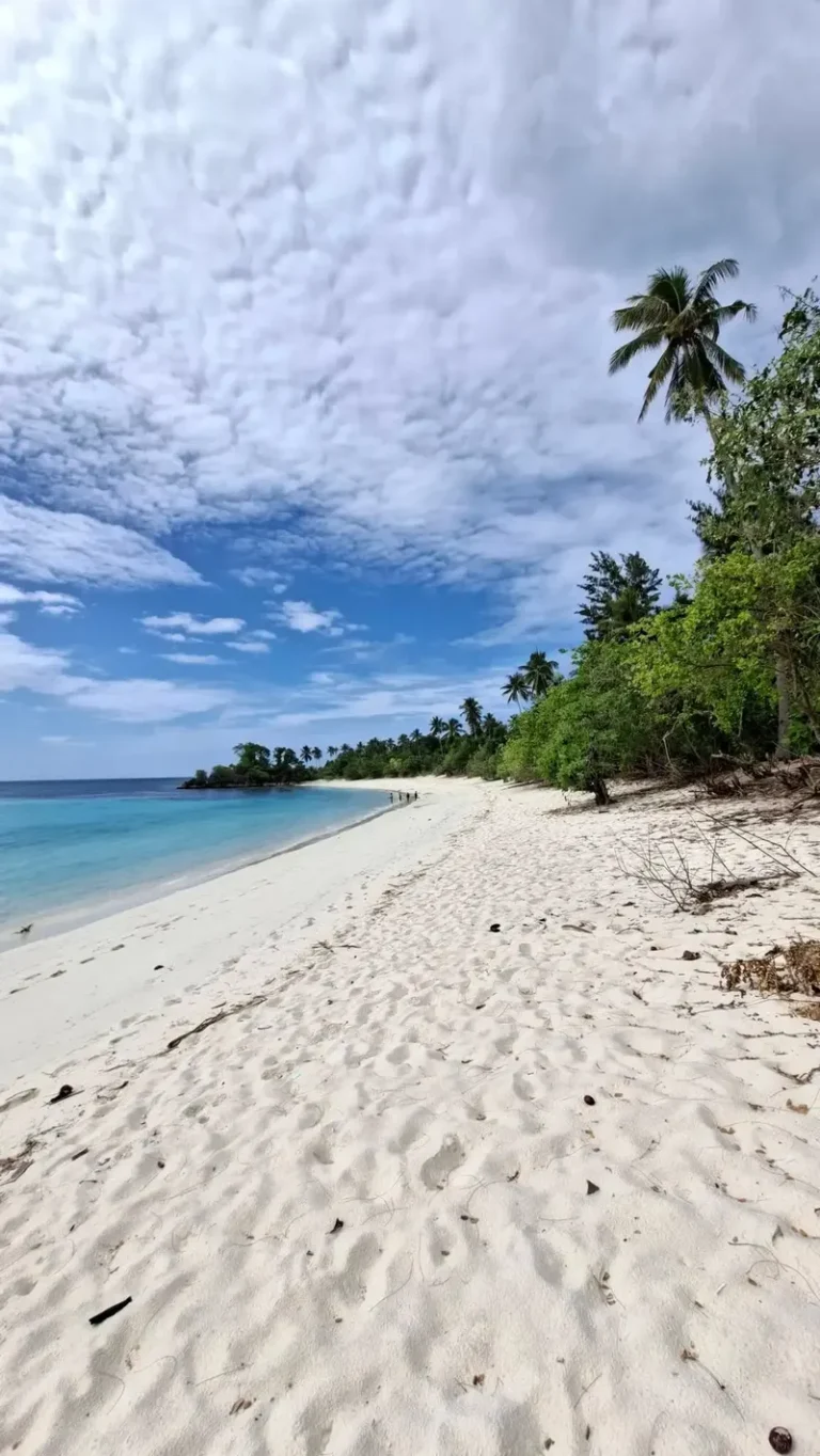 Extensa orilla de arena blanca virgen y aguas verde esmeralda en Pantai Oyama durante nuestra expedición marítima privada por Banggai Laut.