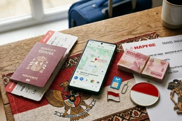 Preparativos de viaje con pasaporte, billetes y mapa de Indonesia para requisitos de entrada en Sulawesi