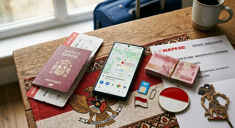 Preparativos de viaje con pasaporte, billetes y mapa de Indonesia para requisitos de entrada en Sulawesi