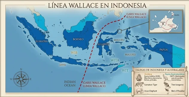 Mapa de Indonesia que muestra la Línea Wallace y la separación biogeográfica entre la fauna asiática y australasiática.