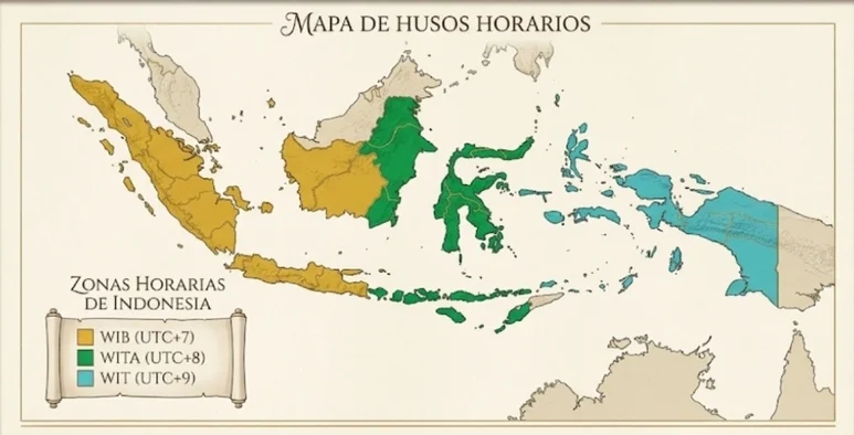 Mapa de los husos horarios de Indonesia mostrando las zonas WIB (UTC+7), WITA (UTC+8) y WIT (UTC+9).