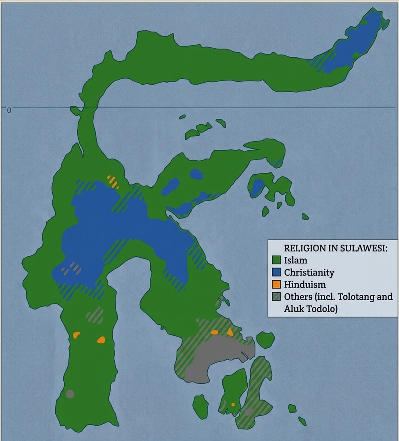 Mapa geográfico que detalla la distribución de religiones en Sulawesi.