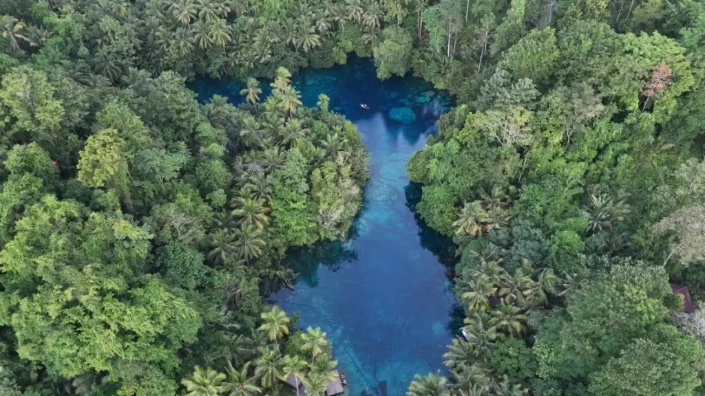 Vista aérea del Lago Paisupok rodeado de selva a primera hora de la mañana, reflejando tranquilidad y sin turistas.