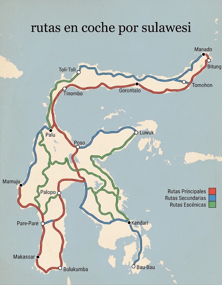 Mapa con rutas y trayectos en coche para recorrer los principales puntos de Sulawesi.