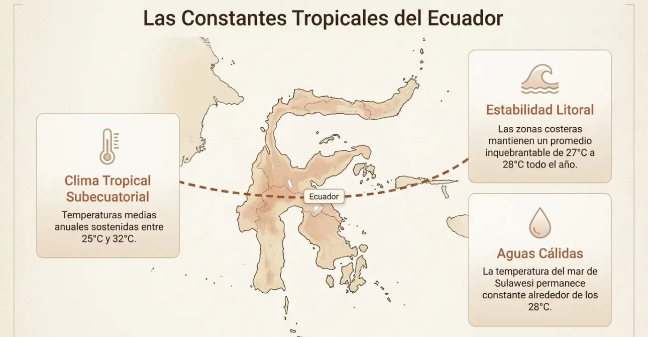 Mapa del atlas climático de Sulawesi mostrando las constantes tropicales del ecuador, como la temperatura y el clima subecuatorial.