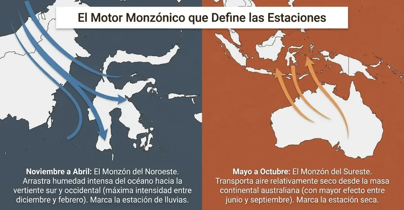 Gráfico del atlas climático que ilustra el motor monzónico y los patrones de viento que definen las estaciones en Sulawesi.
