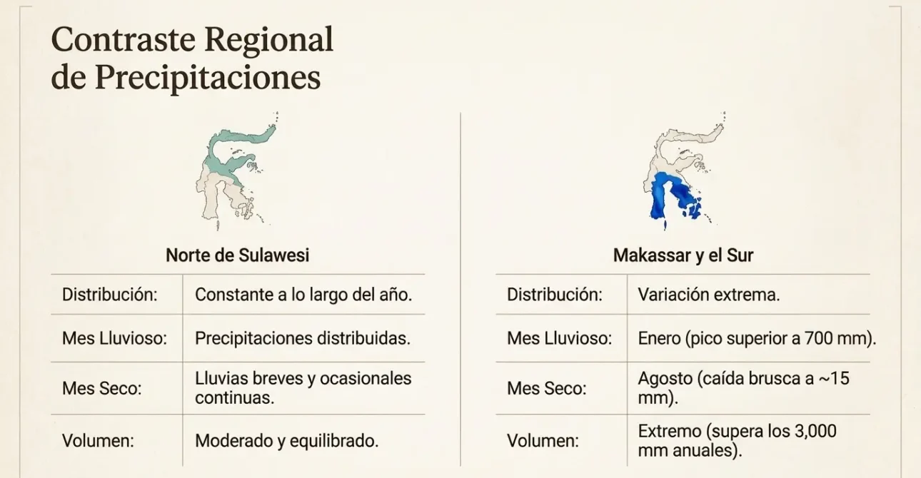 Gráfico comparativo del atlas climático que muestra el contraste regional de precipitaciones entre el norte de Sulawesi y la zona de Makassar y el sur.