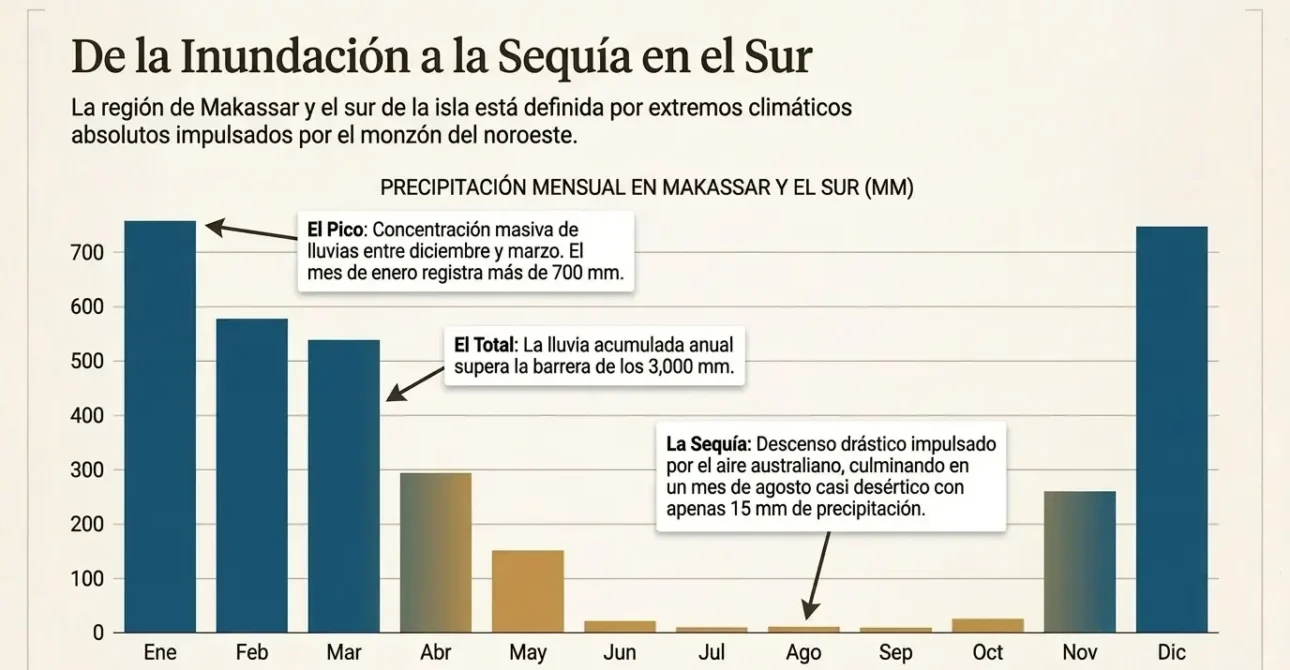 Gráfico del atlas climático que muestra los extremos de precipitaciones, desde inundaciones hasta sequías, en la región sur de Sulawesi.