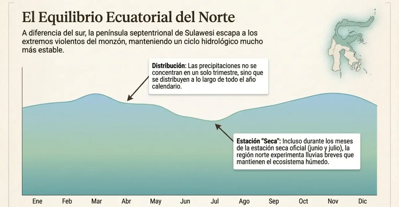Gráfico del atlas climático sobre el equilibrio ecuatorial del norte de Sulawesi, mostrando la estabilidad de sus precipitaciones anuales.