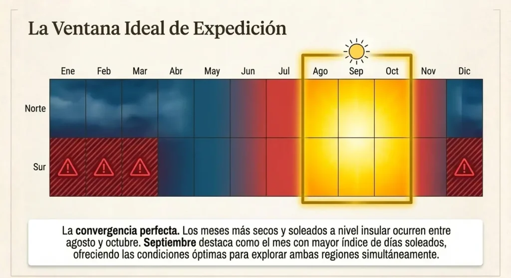 Gráfico del atlas climático de Sulawesi mostrando la ventana ideal de expedición.