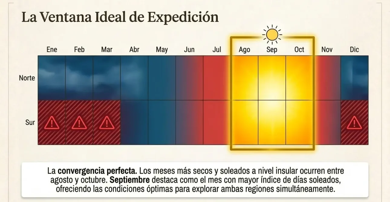 Gráfico del atlas climático de Sulawesi mostrando la ventana ideal de expedición.