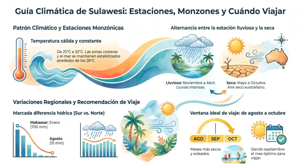 Infografía del clima en Sulawesi mostrando los monzones, las estaciones y la mejor época para viajar al lago Paisu Pok.