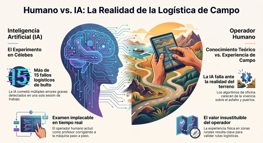 Infografía comparativa entre Inteligencia Artificial y operador humano analizando la logística de campo y errores de rutas en Sulawesi