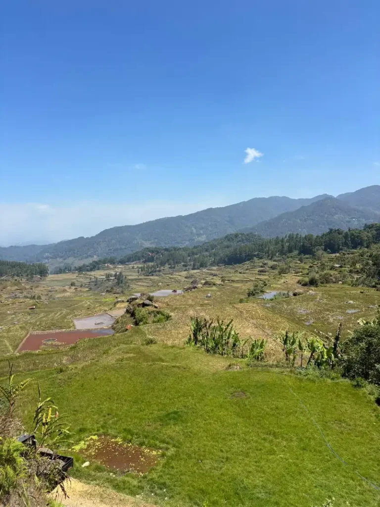 Paisaje montañoso y terrazas agrícolas tradicionales en el altiplano de Tana Toraja, Sulawesi.