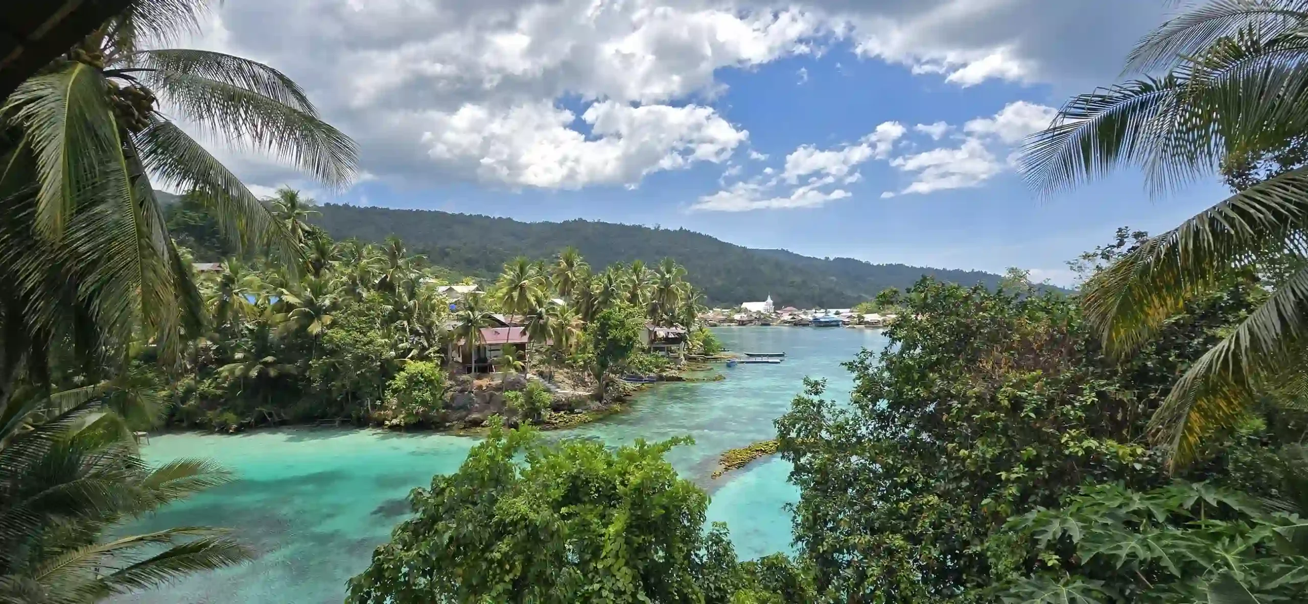 Panorámica de bahía de aguas turquesas rodeada de palmeras y aldea costera en las islas de Peleng y Banggai