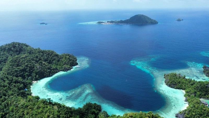 Vista aérea cenital de las formaciones kársticas, bahías de aguas turquesas y arrecifes en la isla de Labengki, Sulawesi.