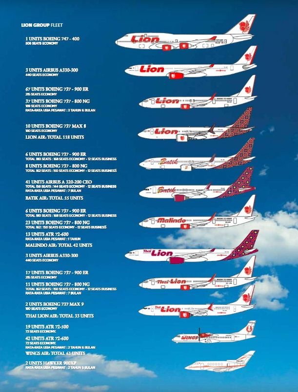 Esquema y desglose de la flota de aviones del grupo Lion Group para vuelos en Indonesia