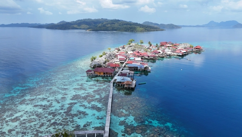 Vista aérea cenital con dron de la isla paradisíaca de Pulau Panpan y sus arrecifes de coral en el archipiélago de Sulawesi.