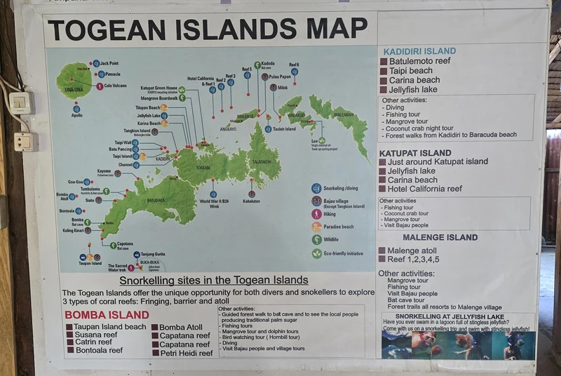 Mapa de puntos de buceo y arrecifes en las Islas Togian, Golfo de Tomini, Sulawesi Central.